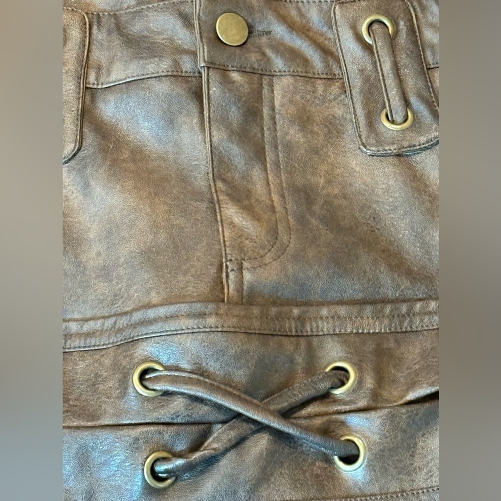 Fashion Nova Brown Faux Leather Lace Up Mini Skirt Moto Y2K XS NWT - Picture 6 of 8